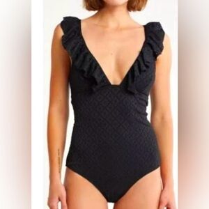 Betsey Johnson Swimsuit One Piece Deep V  Swimsuit With Ruffle Size medium black